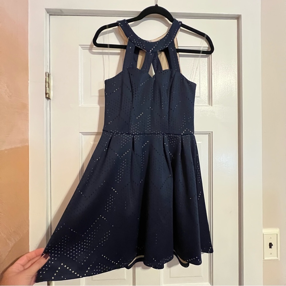 #61 CRYSTAL DOLL PERFORATED NAVY SKATER DRESS JUNIOR'S 5